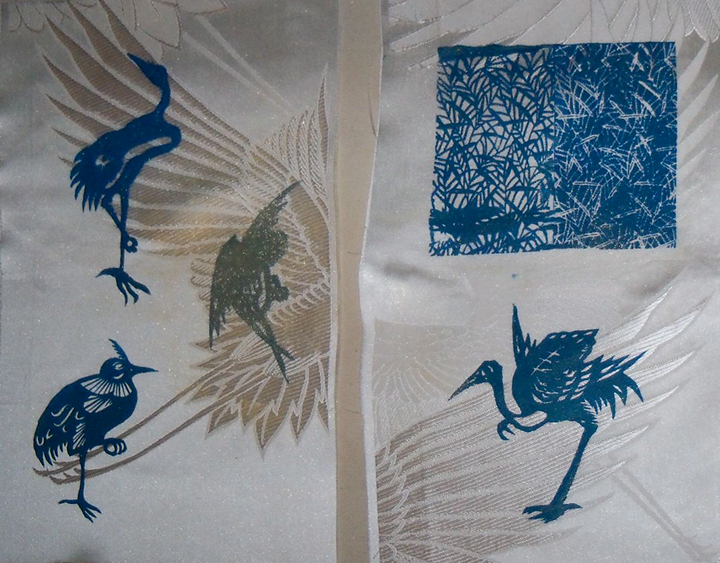 [Birds Silkscreen on Polynosic Shirt wiht Jacquard Lumiere Blue Paint]