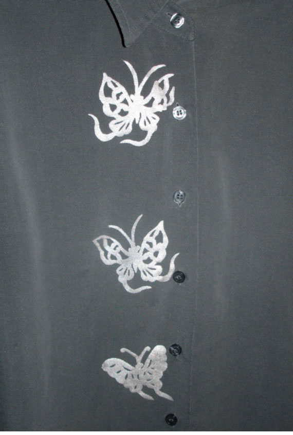 [Polynosic Steel Shirt with Silver Lumiere Paint Silkscreened with Butterflies]